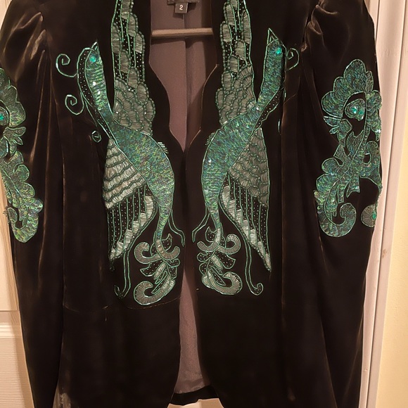 Anna Sui Elegant deep green beaded phoenix velvet jacket - Picture 2 of 8